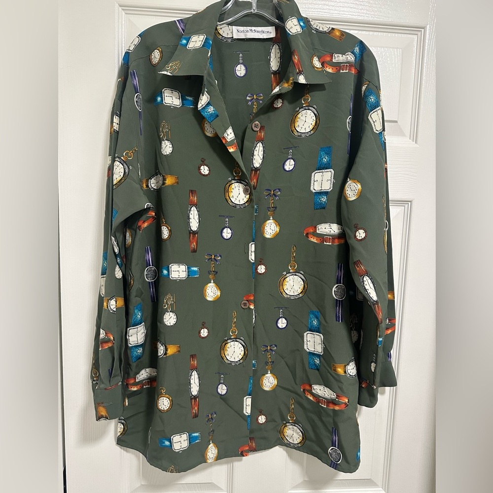WOMENS Norton McNaughton Artwork Clocks Poly LONG SLEEVE SHIRT sz XL